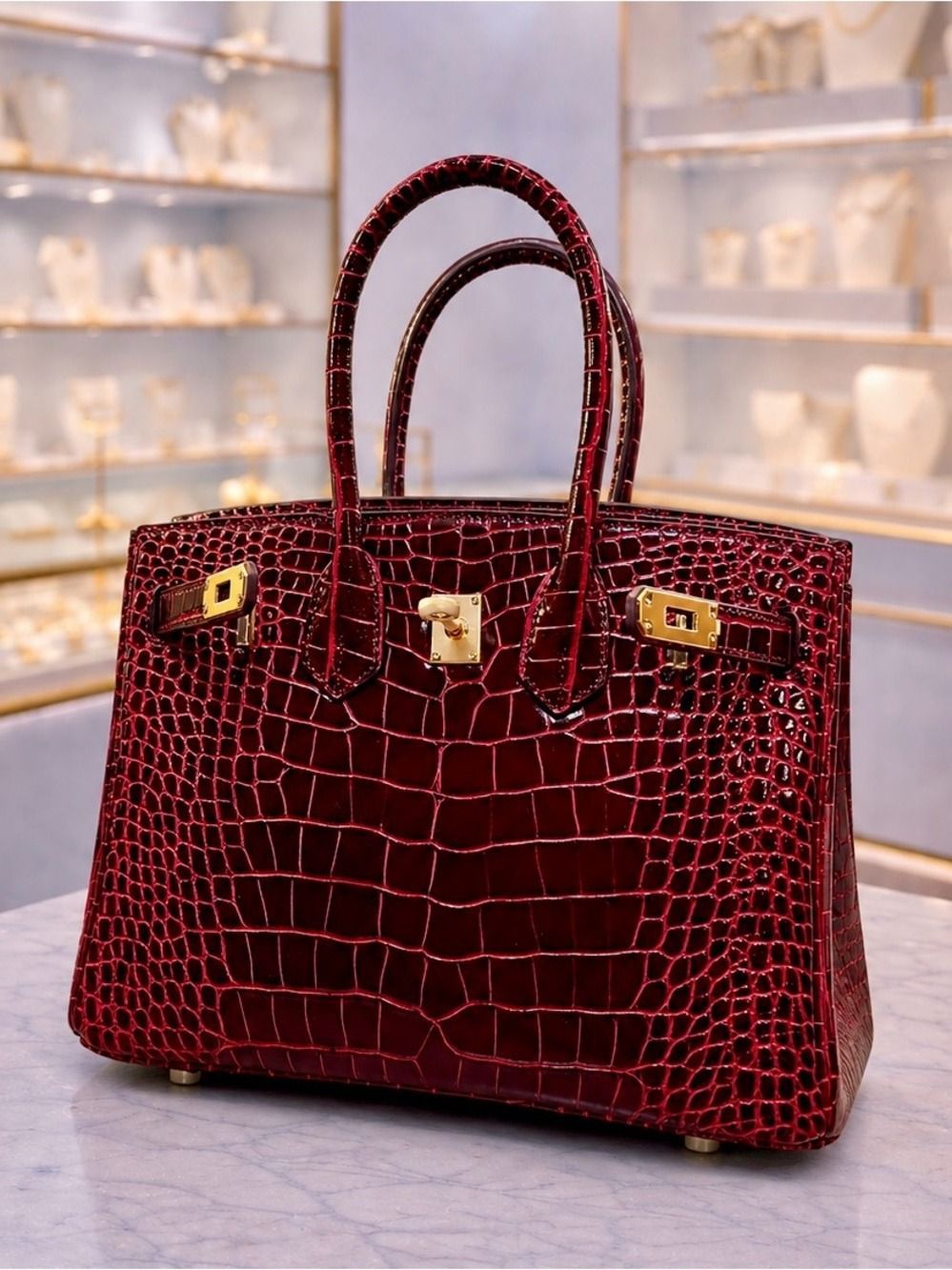 Red crocodile-embossed handbag with gold hardware on a store shelf, with a matching background.