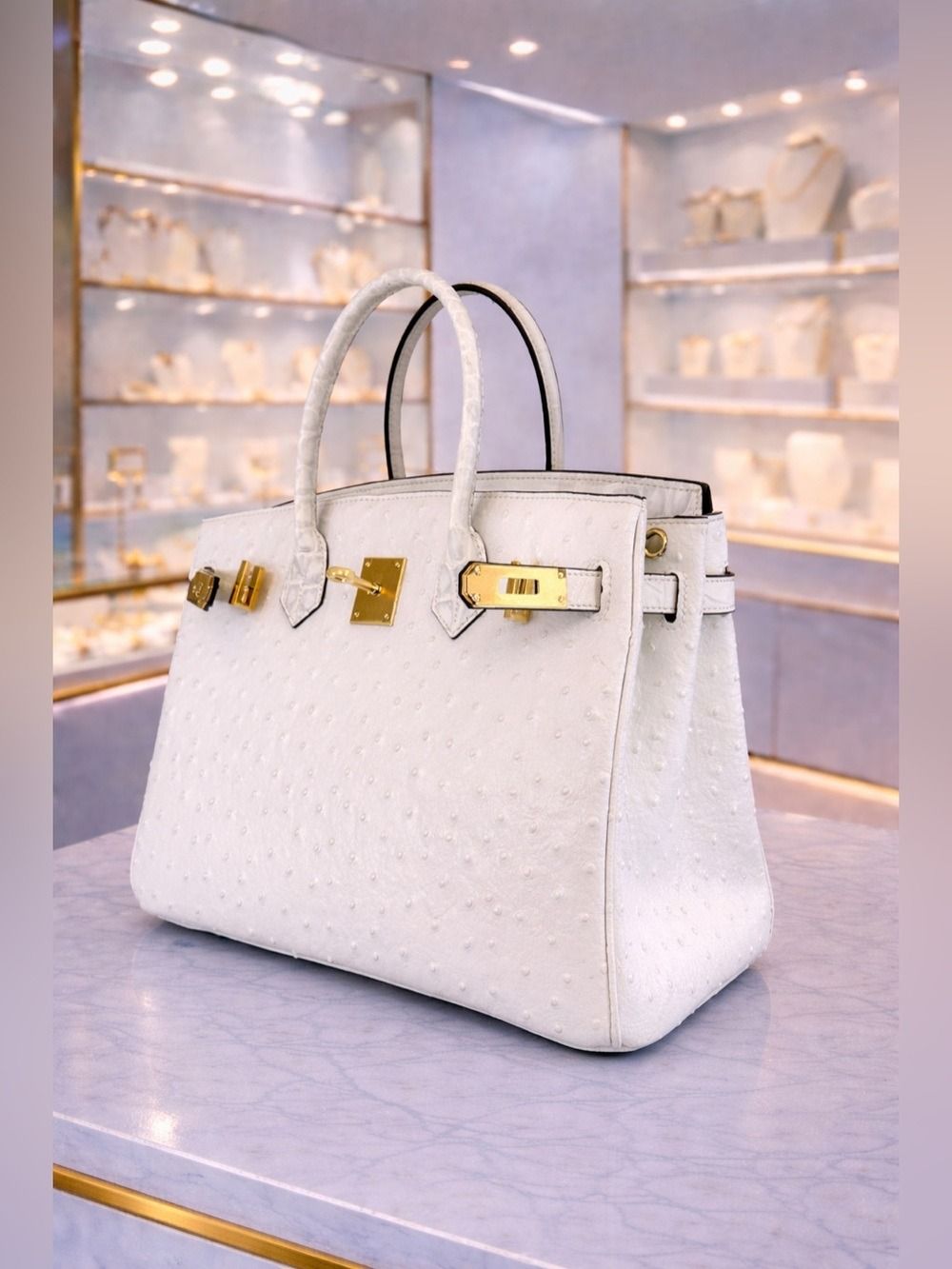 White handbag with gold hardware on a lavender display shelf in a softly lit boutique