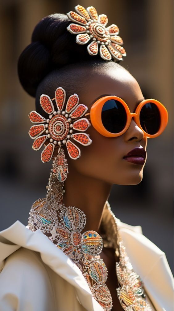 Fashion model in orange sunglasses and ornate jeweled accessories, wearing a white coat against a blurred background