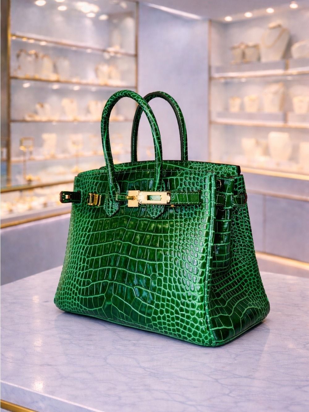 Emerald green crocodile-textured handbag with gold hardware on a boutique display table