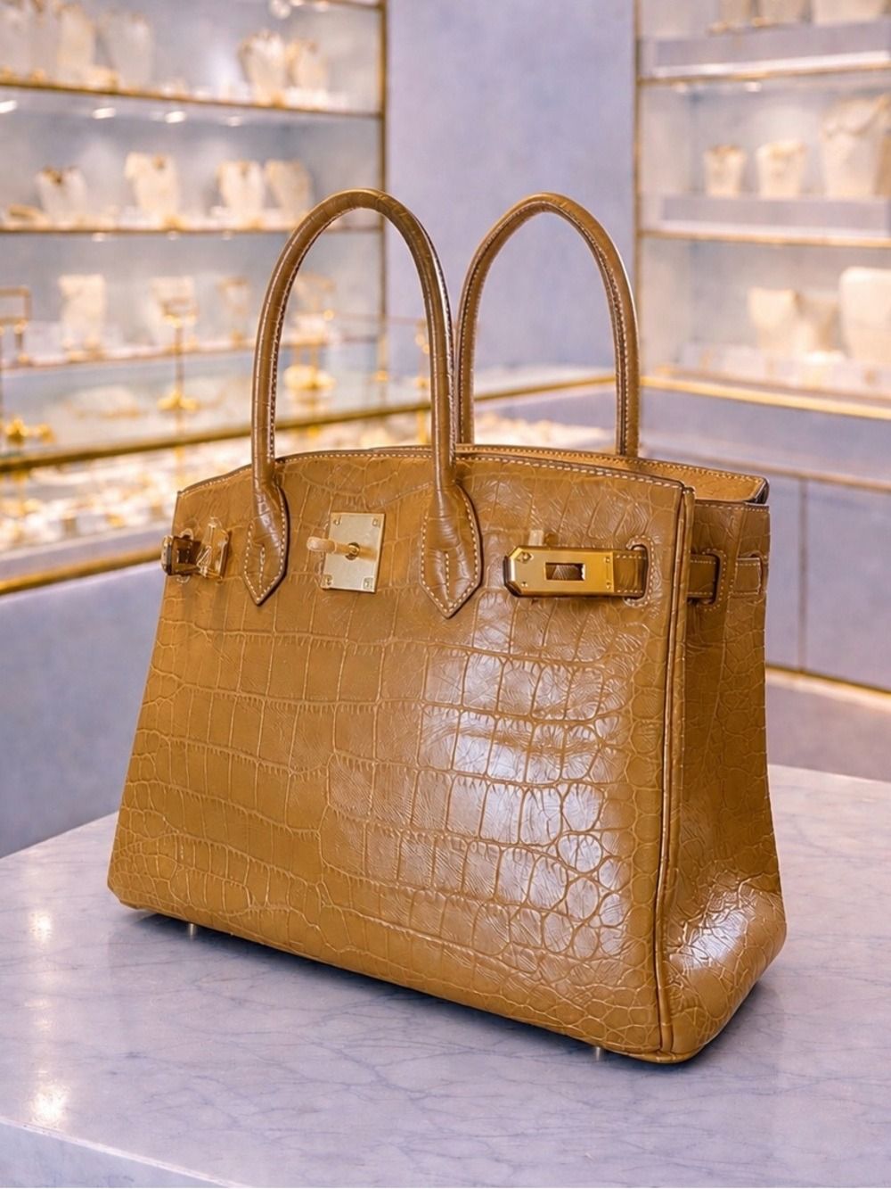 Tan crocodile-textured handbag with top handles on a marble table in a softly lit boutique.