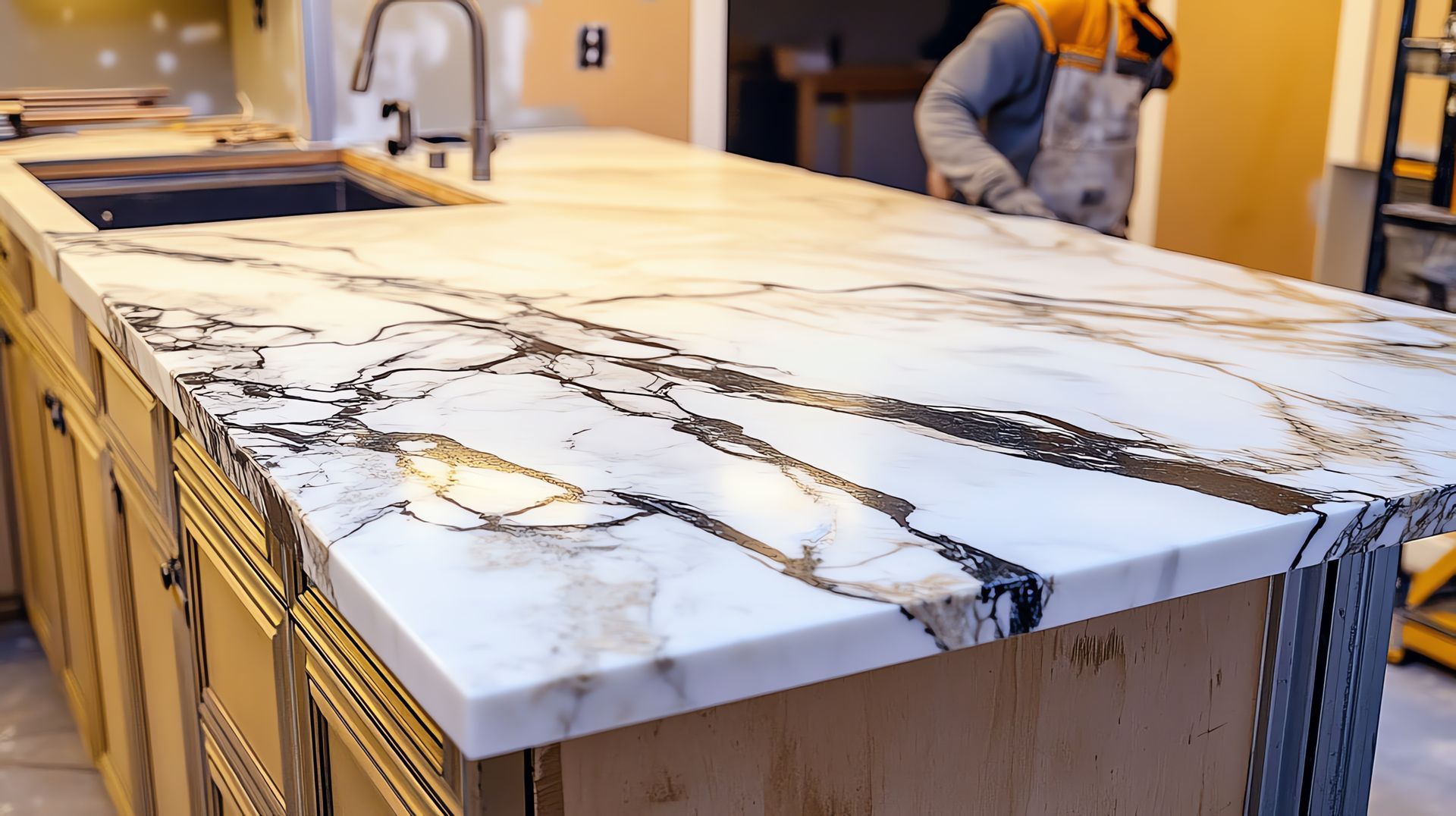 Kitchen countertop installation. A person works on marble slab with gray, gold, and black veining, on top of cabinets.