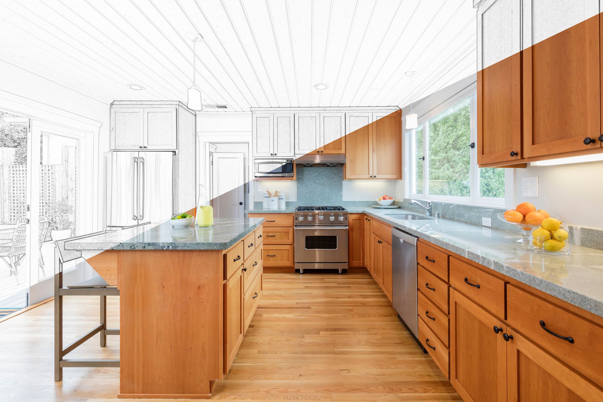 Kitchen design, half sketch, half completed; wooden cabinets, island, stainless steel appliances, and countertop.