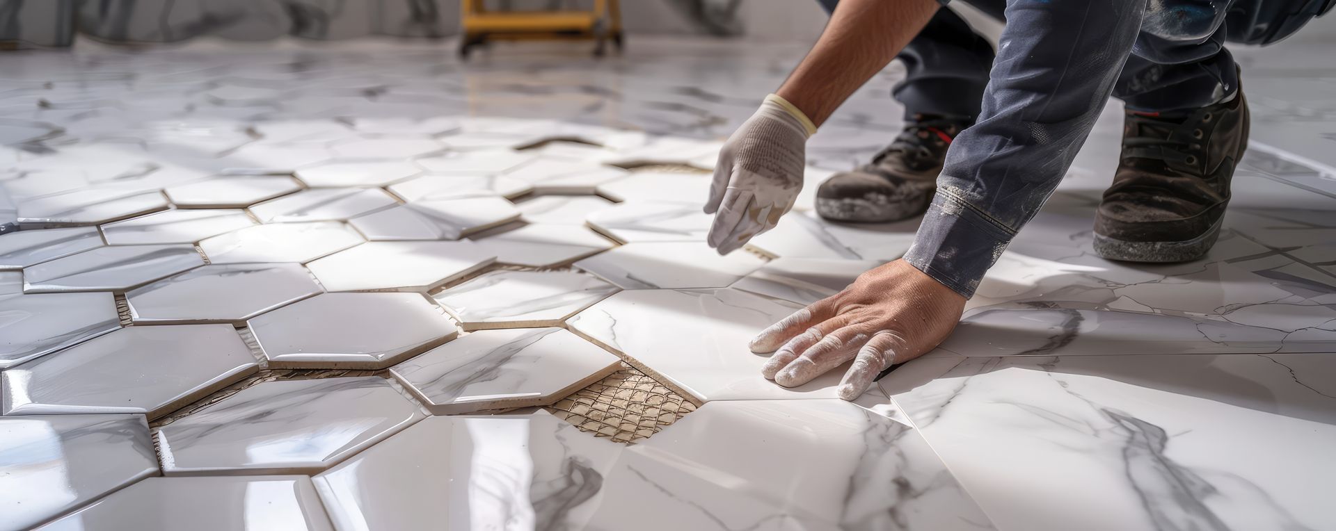A person laying hexagonal tiles on a floor.