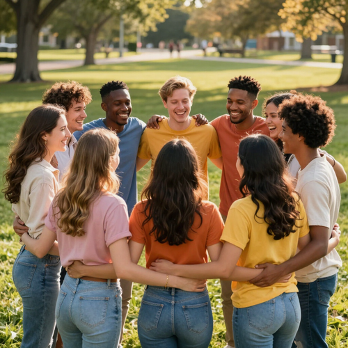 A group of friends standing in a circle and smiling in a sunny park