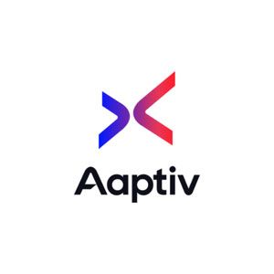 A logo for a company called aaptiv with a blue and red arrow.