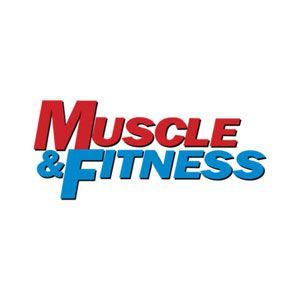 A red and blue logo for muscle and fitness