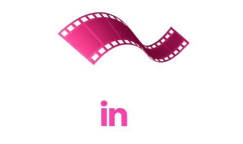 A pink film strip is floating in the air with the word in below it.