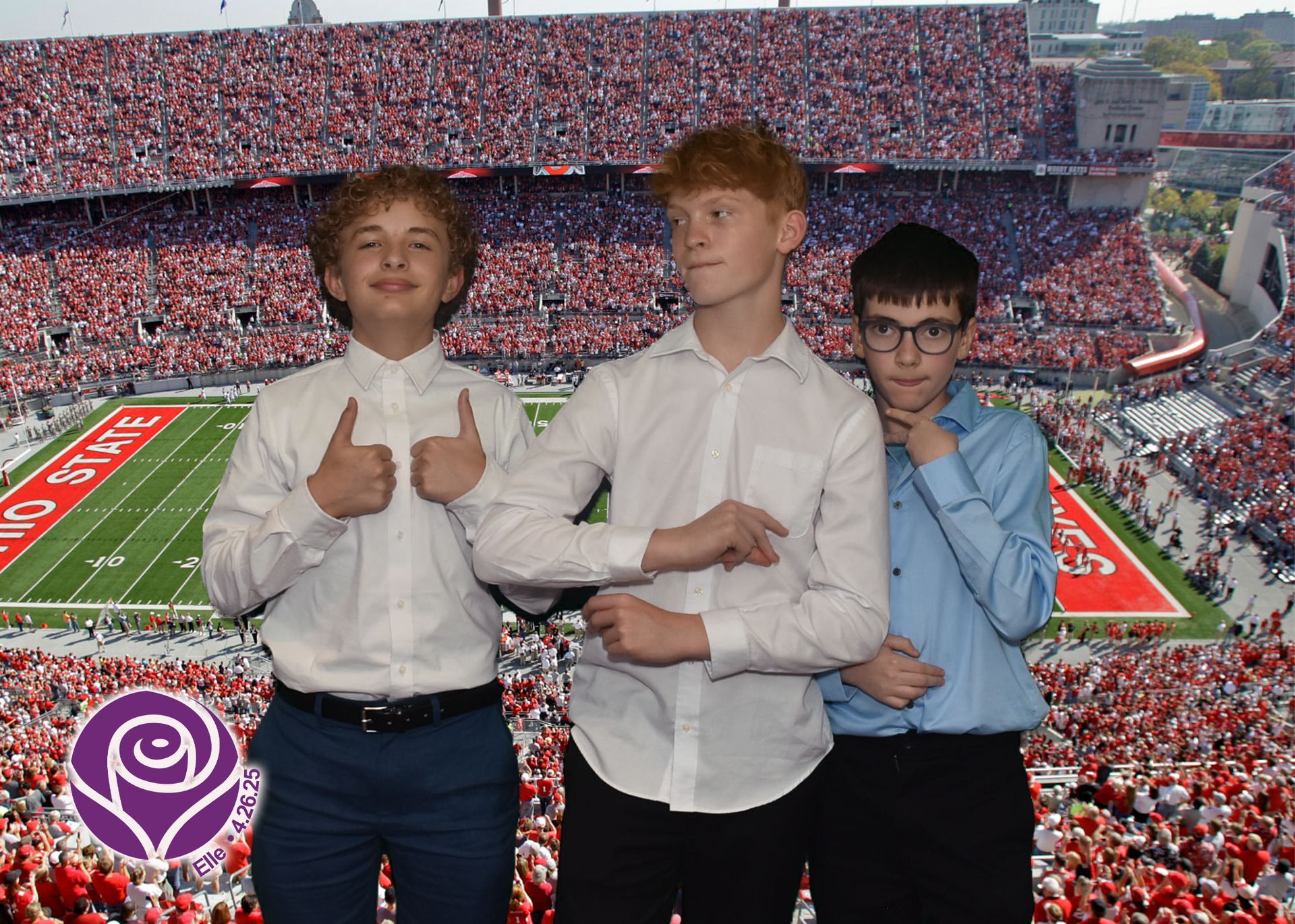 Three young men in dress shirts pose in front of Ohio State stadium, with one giving thumbs up.