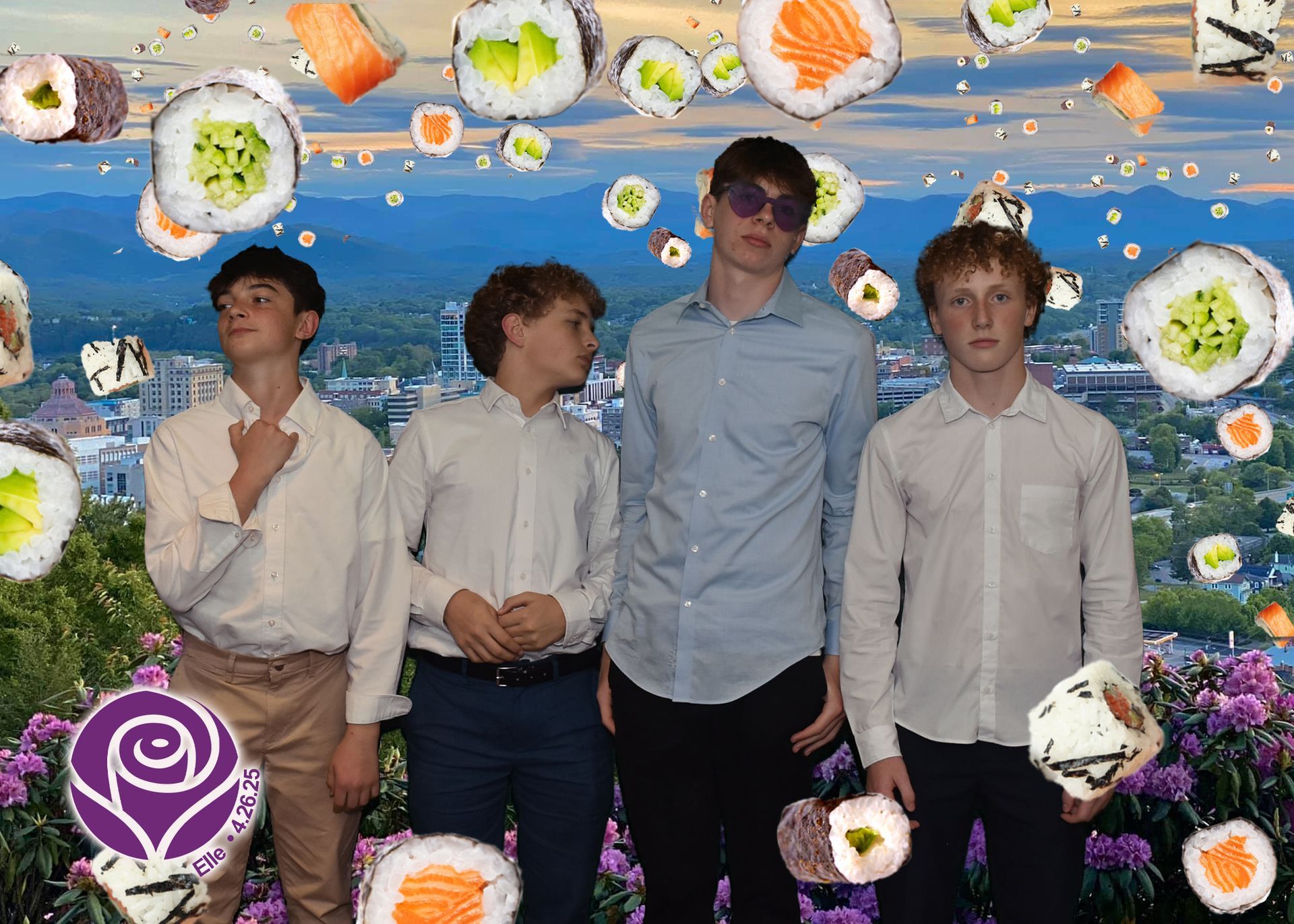 Four young men posing in front of a city and mountains, sushi rolls floating in the sky.