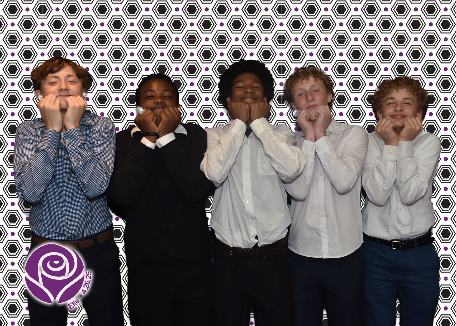 Five people, diverse in appearance, covering mouths with fingers, posing in front of a geometric background.