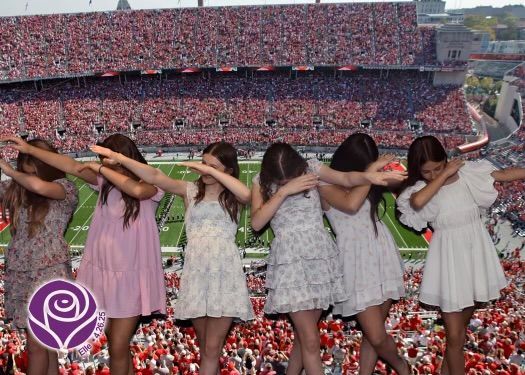 Six young women dab at a football stadium, all in summer dresses.