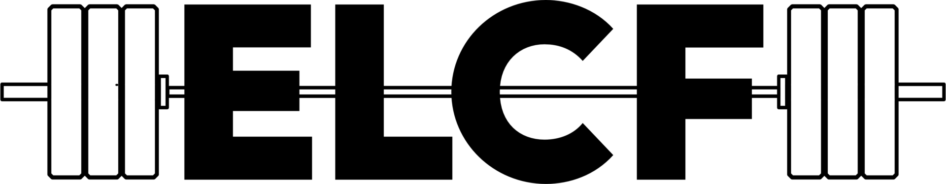 Black letters "ELCF" with a barbell through them, the "O" is a circle and there are weights on each side.