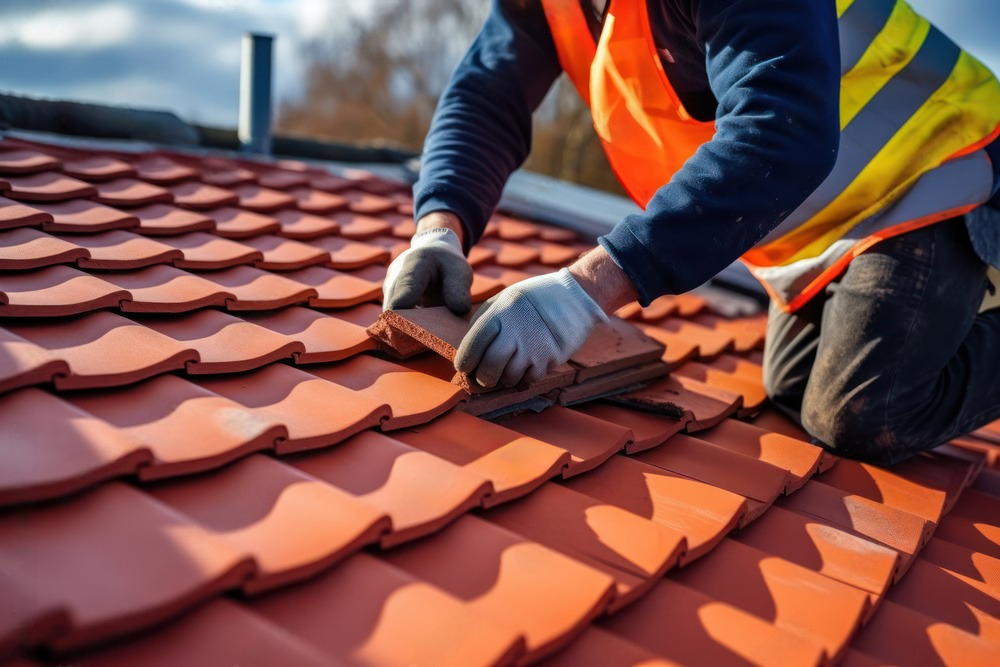 a man wearing a hard hat and safety vest inspects the roof of a house