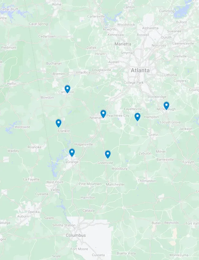 A map of the state of georgia with a lot of blue dots on it.