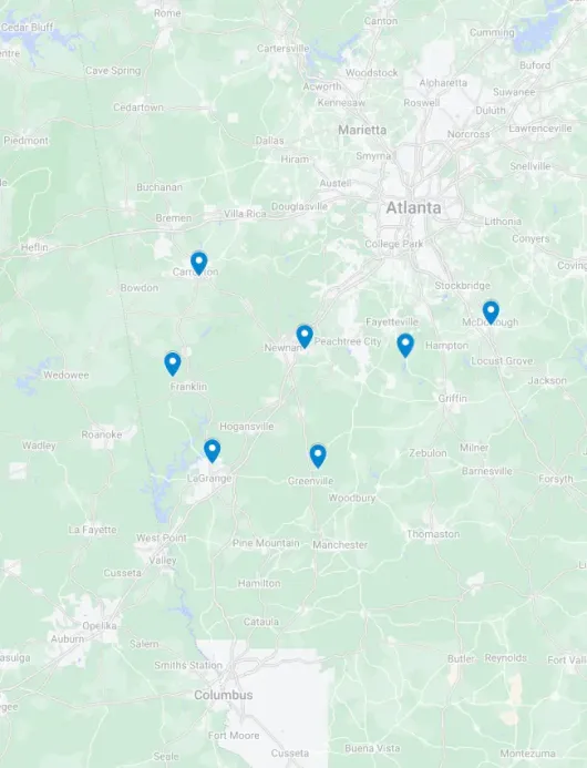 A map of the state of georgia with a lot of blue dots on it.