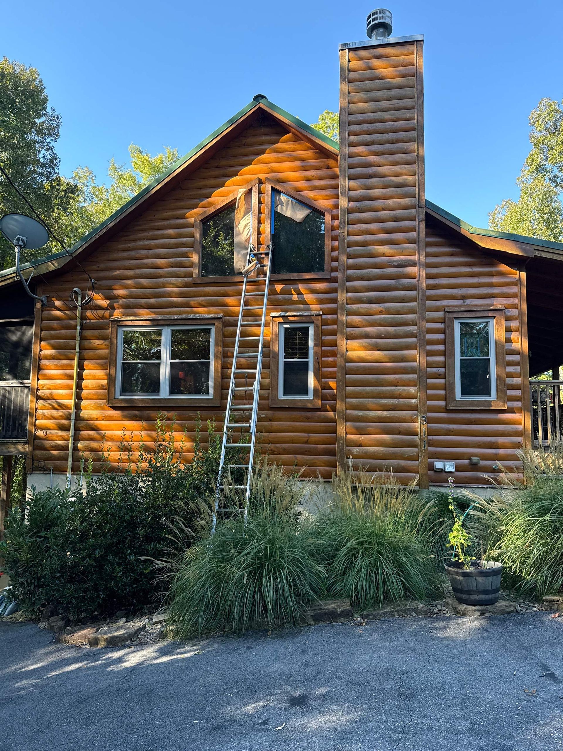 Log cabin with ladder leaning against it; surrounded by greenery; clear sky.