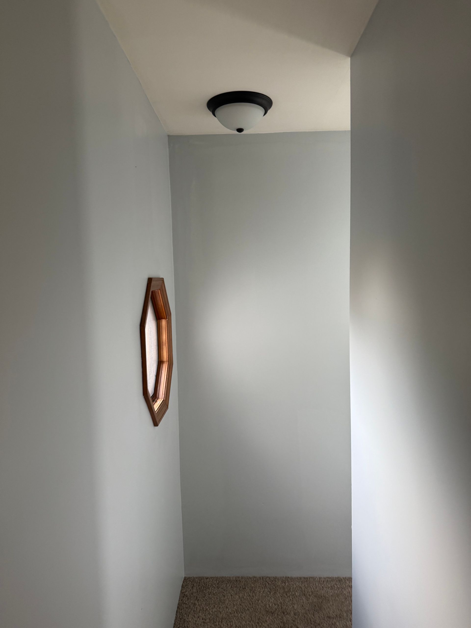 Narrow hallway with light blue walls, a brown-framed mirror, and a ceiling light.