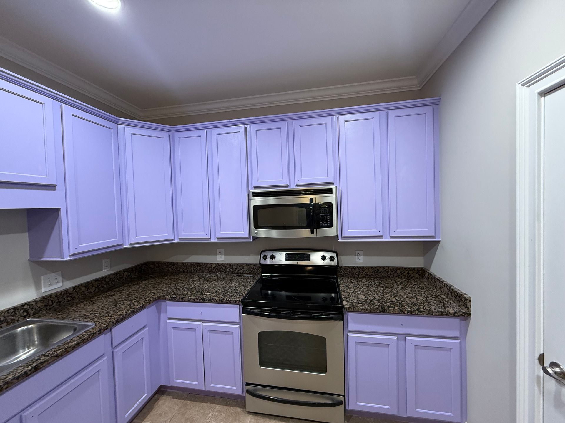 Kitchen with purple cabinets, stainless steel appliances, and a person in the background.