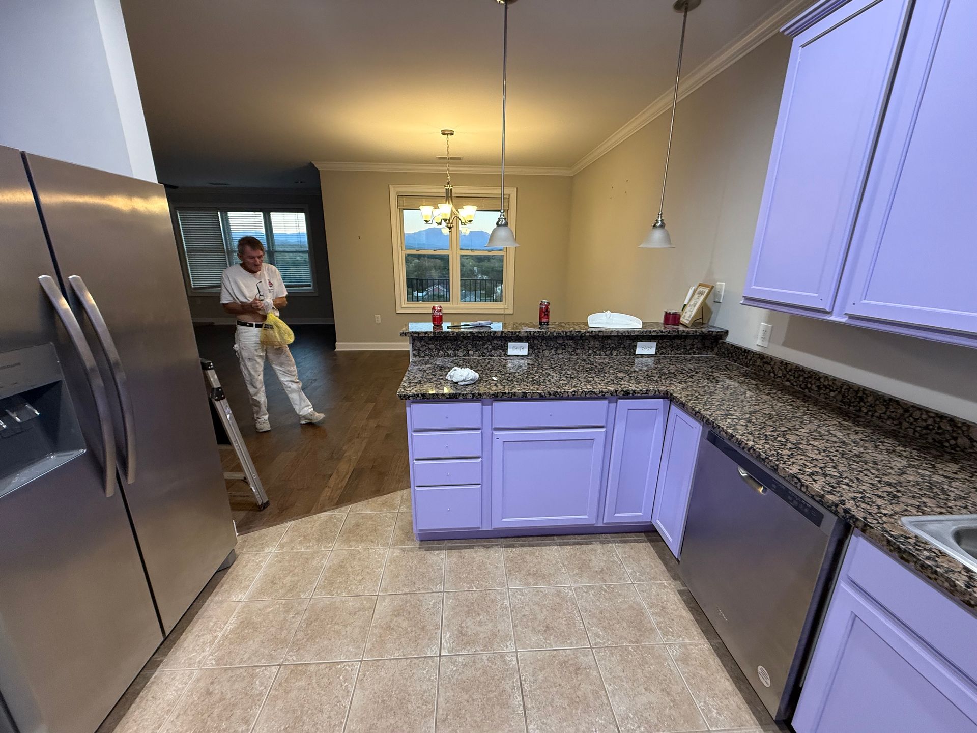 Kitchen with lilac cabinets, stainless steel appliances, a worker, and a dining area.