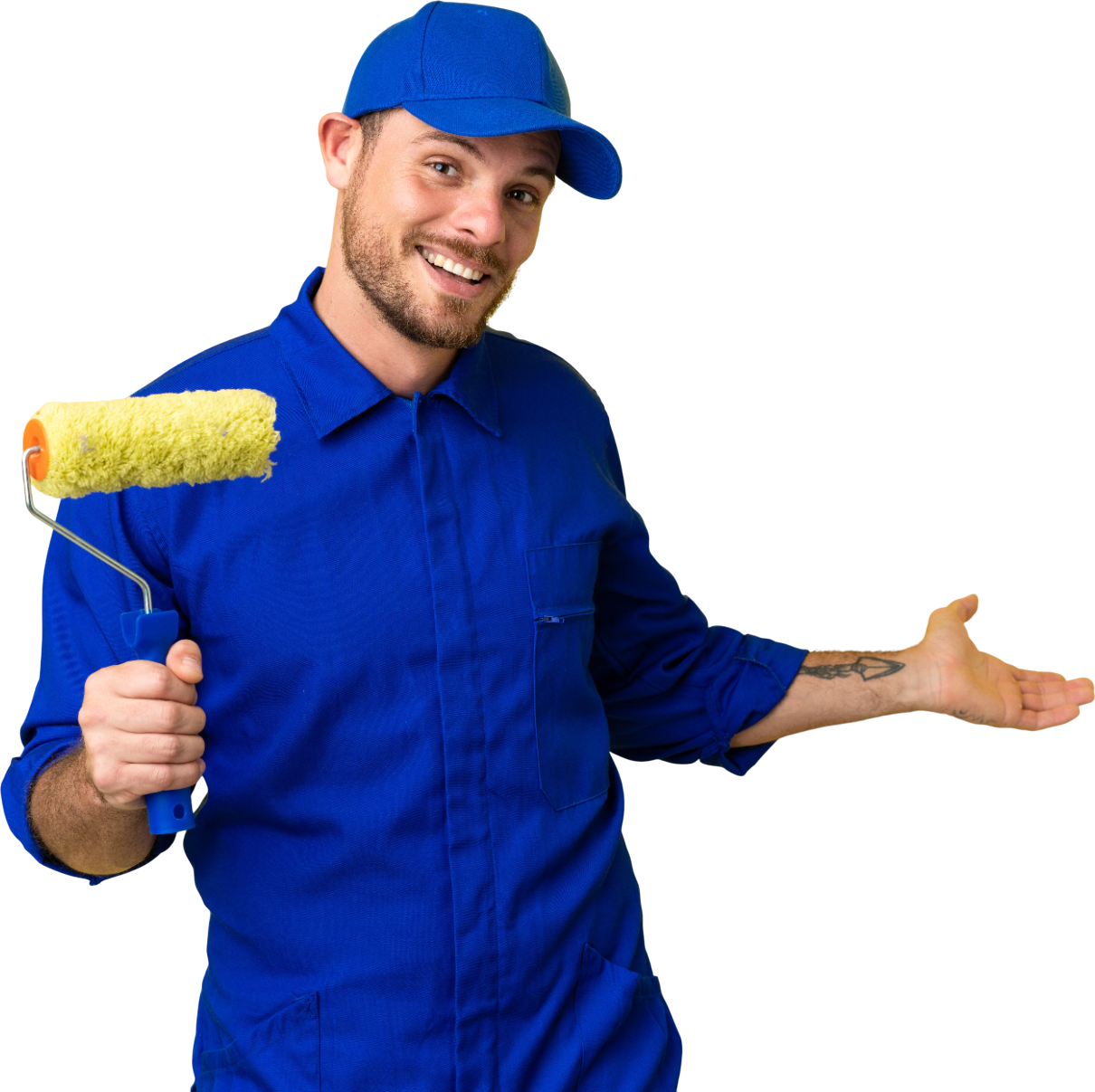 A man in a blue shirt is holding a paint roller