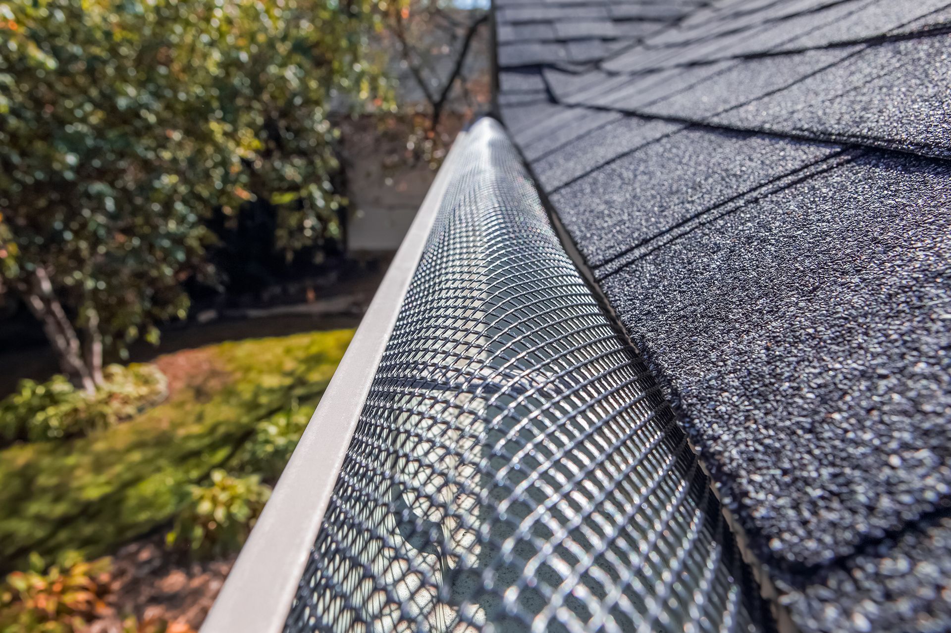 Gutter with mesh guard along a dark shingle roof, green trees in background.