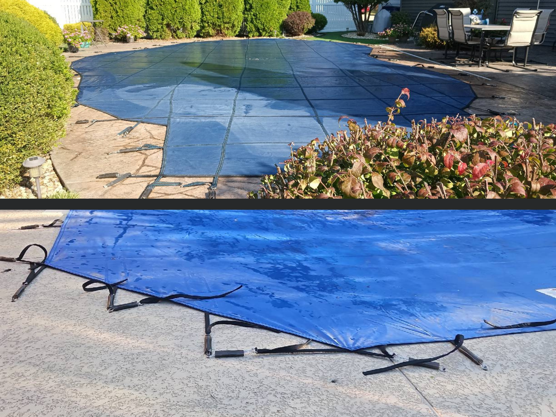 Blue mesh and blue solid pool covers