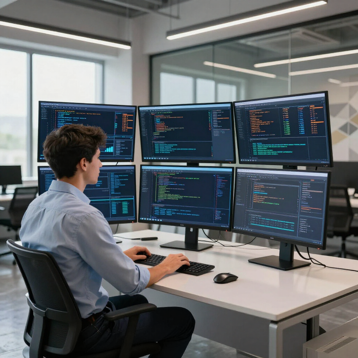 A person sitting at a desk in an office, working on code displayed across five computer monitors.