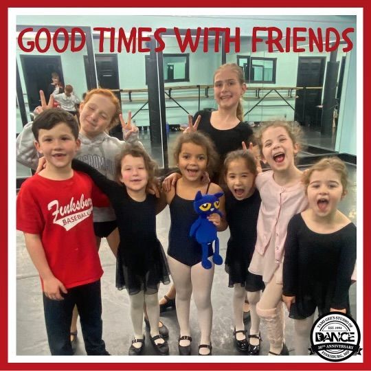 A group of children posing for a picture with the caption good times with friends