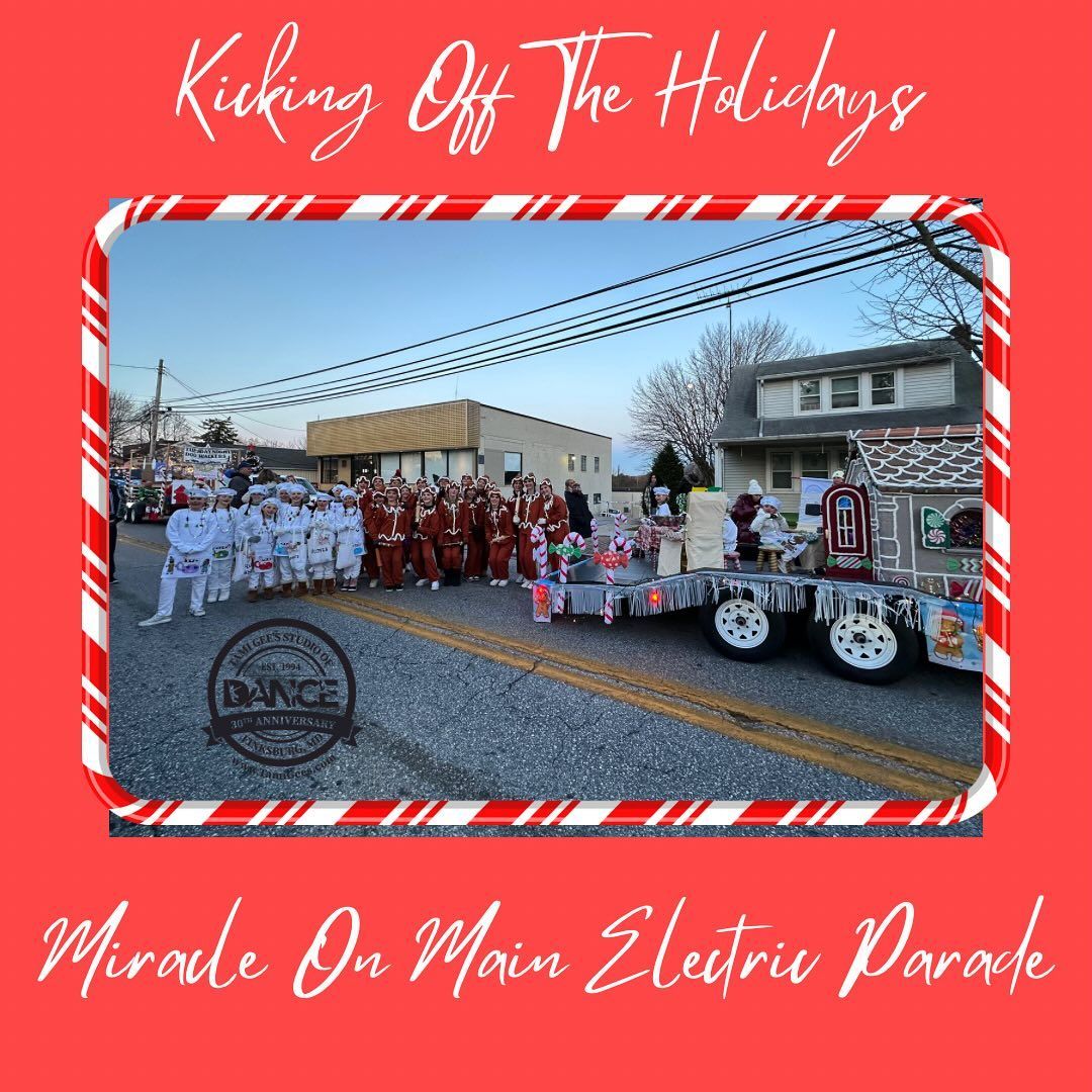 A picture of a parade with the words kicking off the holidays miracle on main electric parade