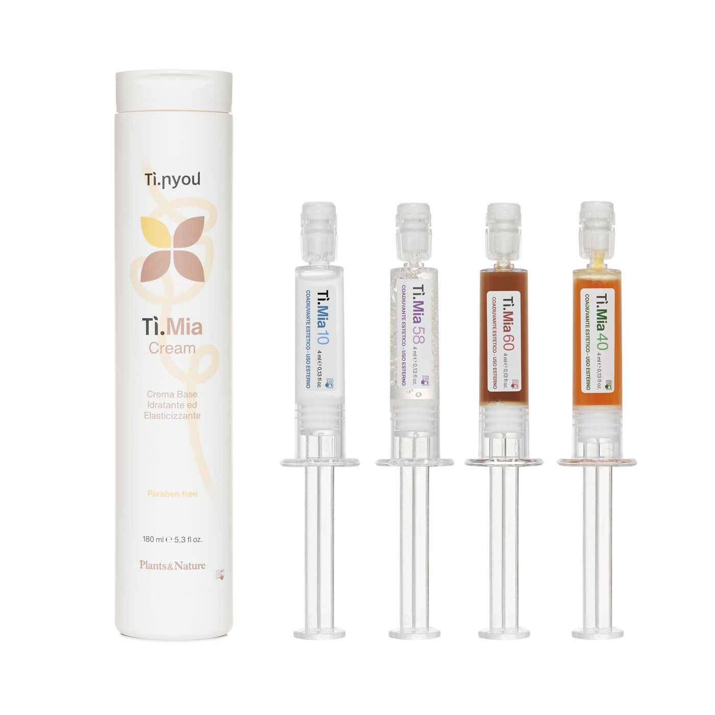 Una bottiglia di crema tlmia accanto a quattro siringhe per Ti.Mia Cream Set Ritenzione Idrica