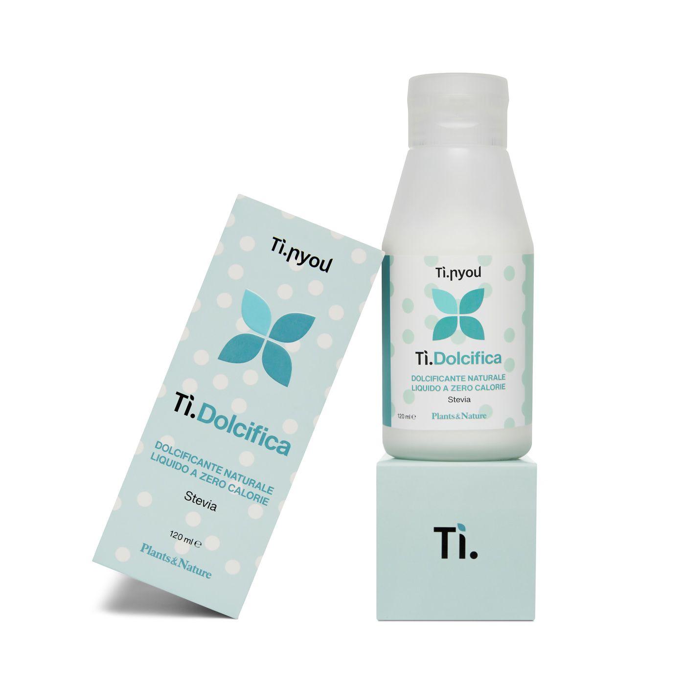 Una bottiglia di ti.dolcifica è posata sopra una scatola.