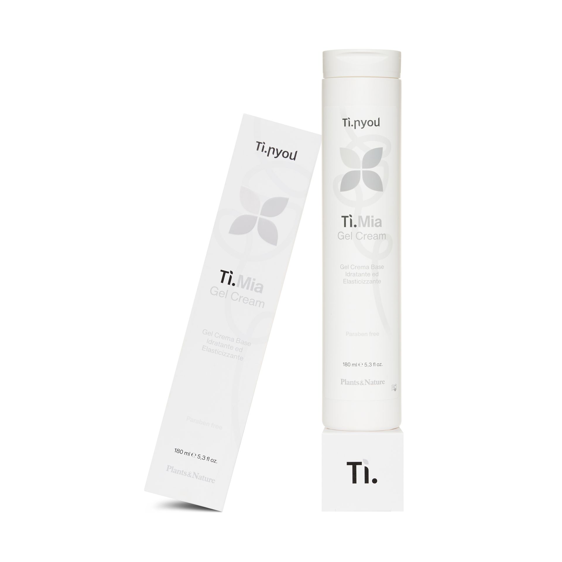 Una bottiglia bianca di ti.mia gel cream accanto a una scatola bianca.