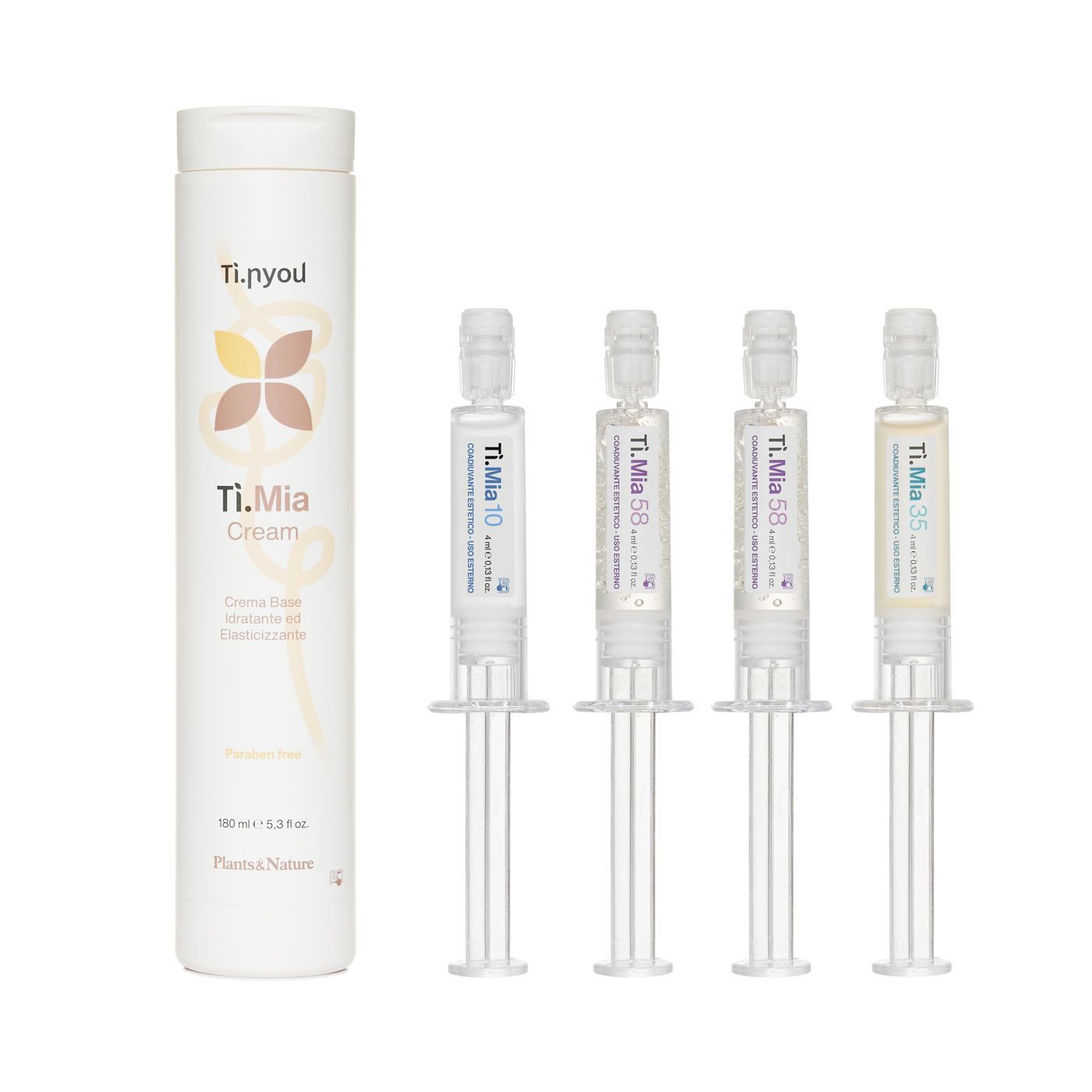 Una bottiglia di crema Ti.Mia Cream Set Tonificazione  accanto a quattro siringhe