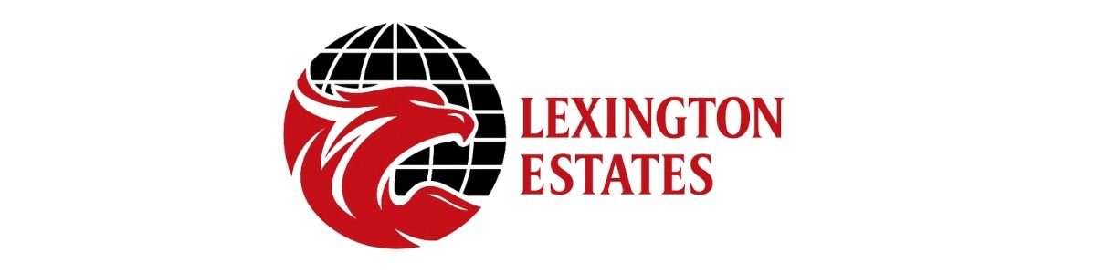 Lexington Estates logo: Red lion-like creature against a globe, text 
