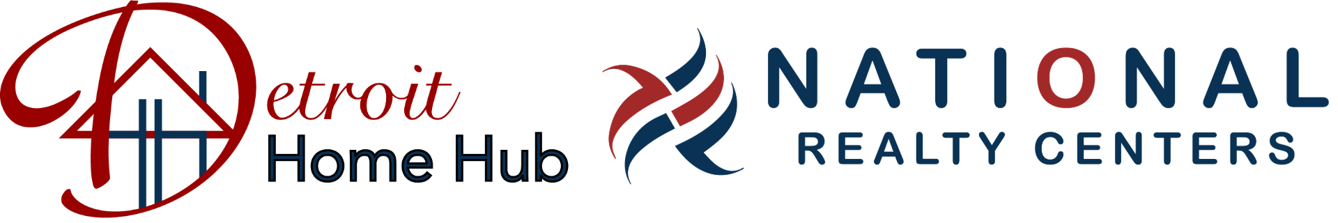 The logo for national realty centers is red , white and blue.