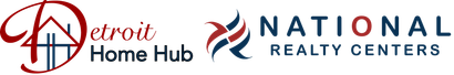 The logo for national realty centers is red , white and blue.