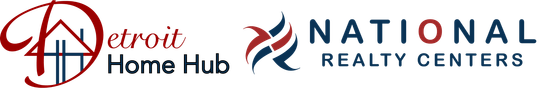 The logo for national realty centers is red , white and blue.