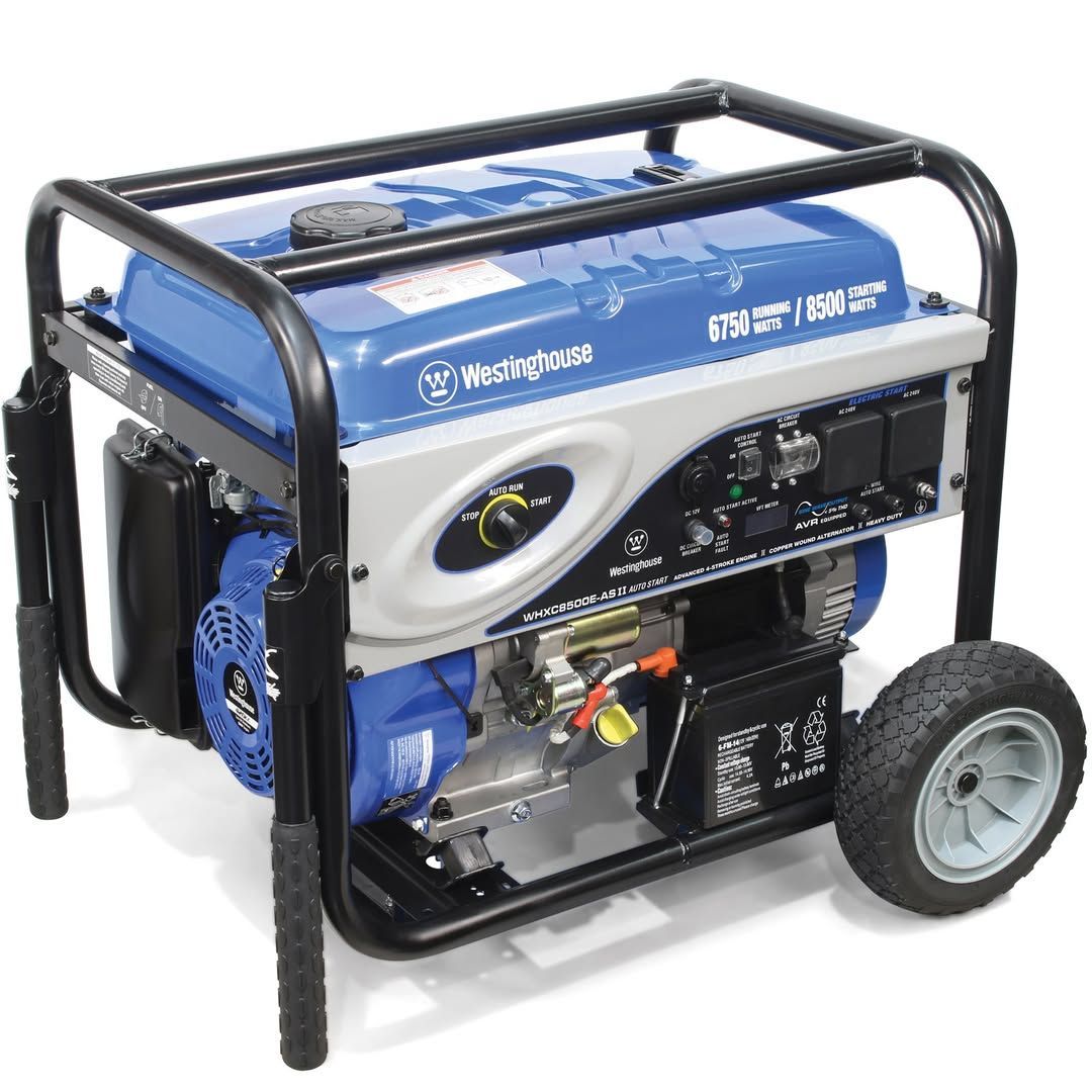 A blue and white generator with wheels on a white background