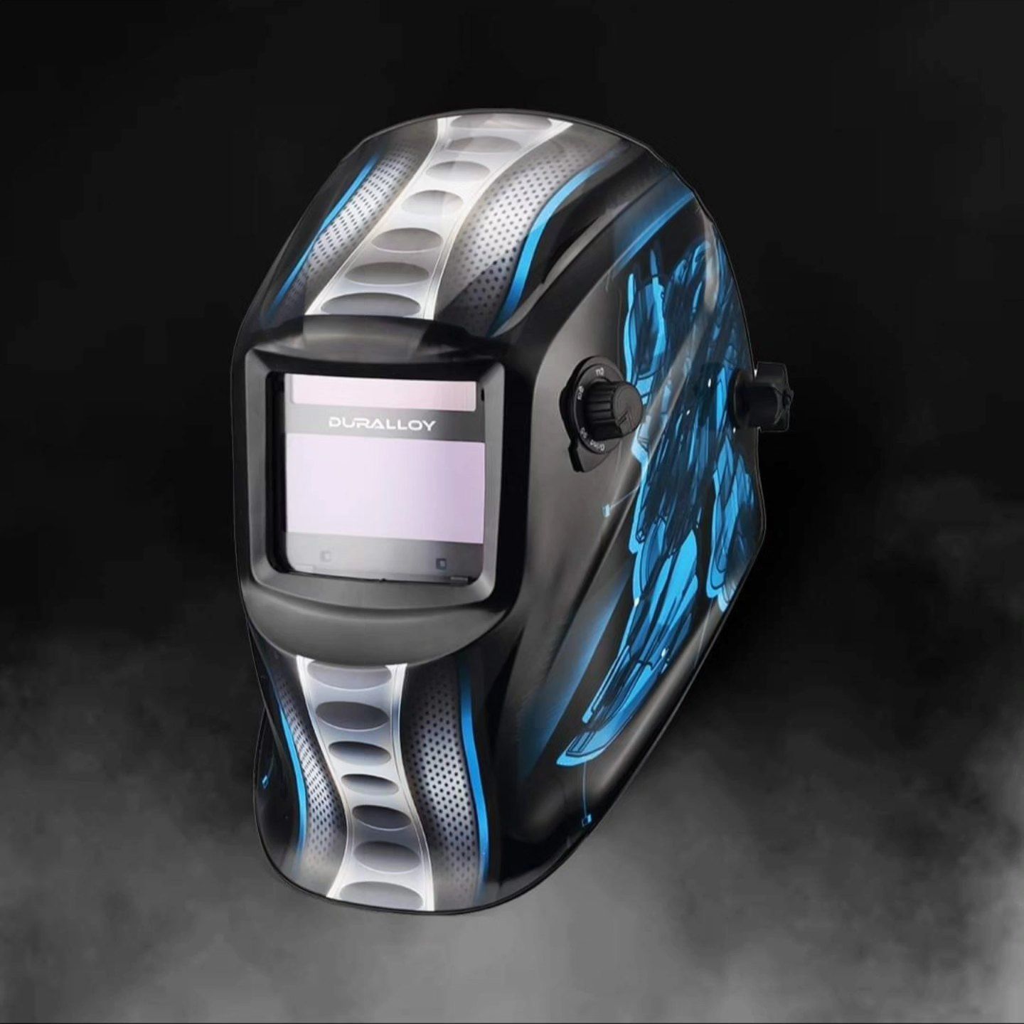 A black welding helmet with a blue design on it