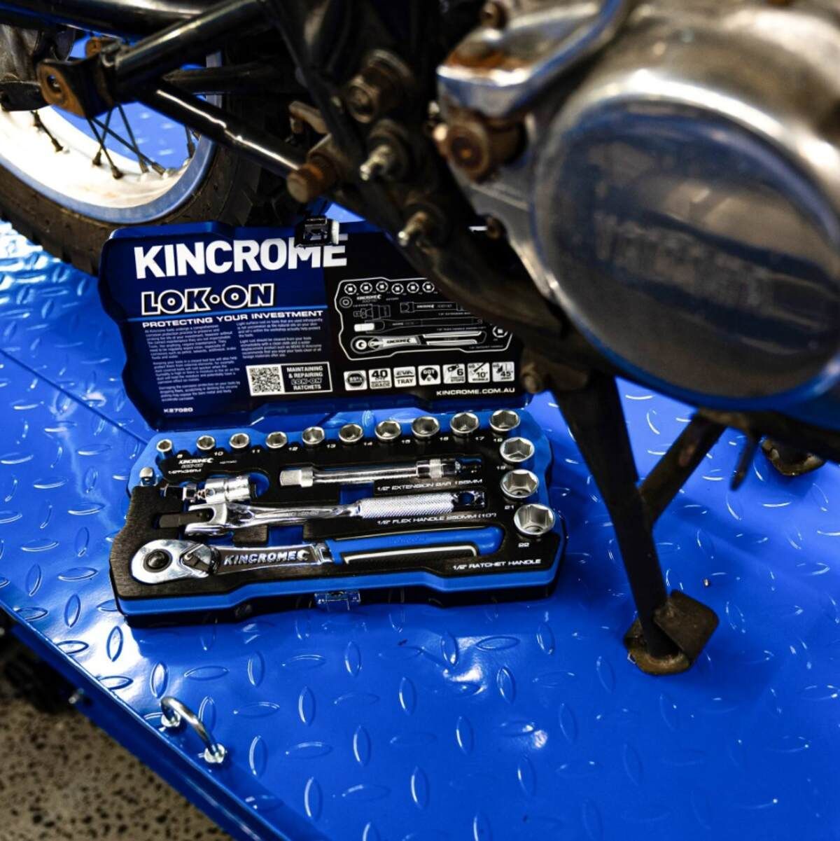 A Box Of Kincrome Lok-on Tools Sits Next To A Motorcycle — Summerland Tool Supplies In Casino, NSW