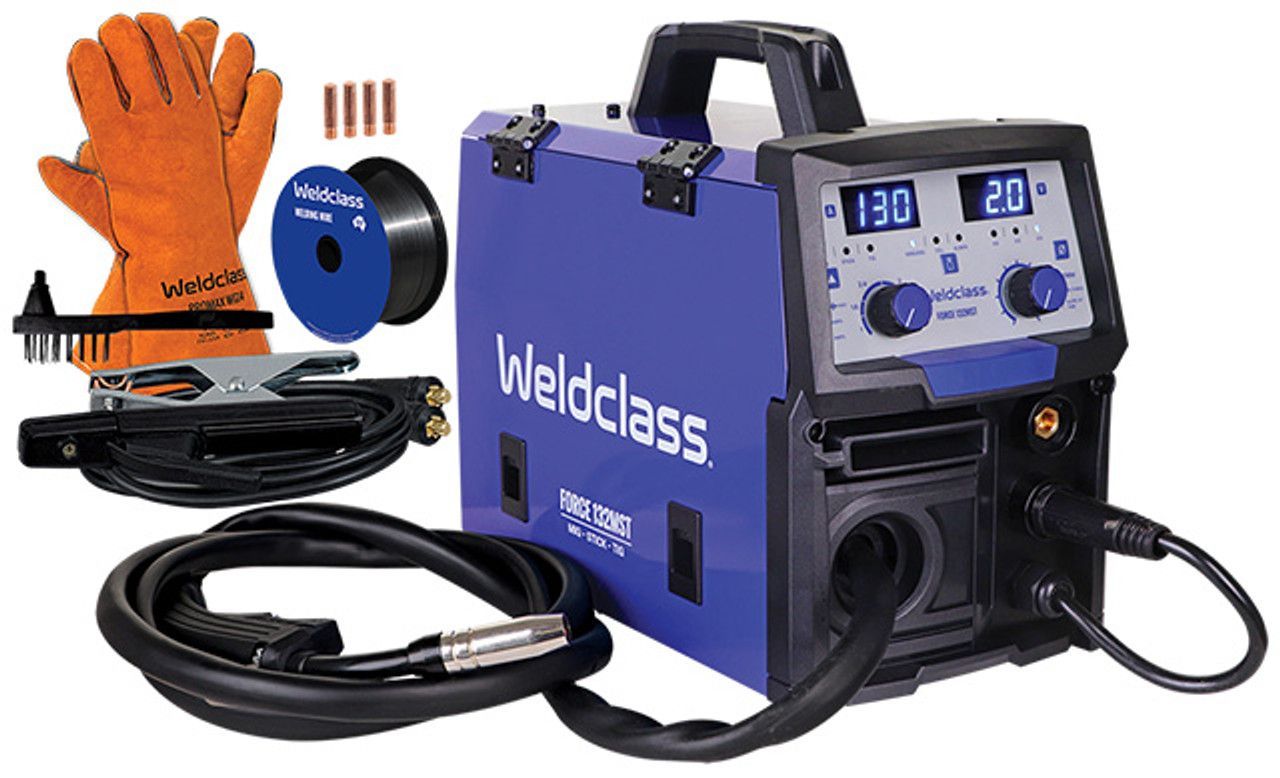 A weldclass welding machine is sitting next to a pair of orange welding gloves.