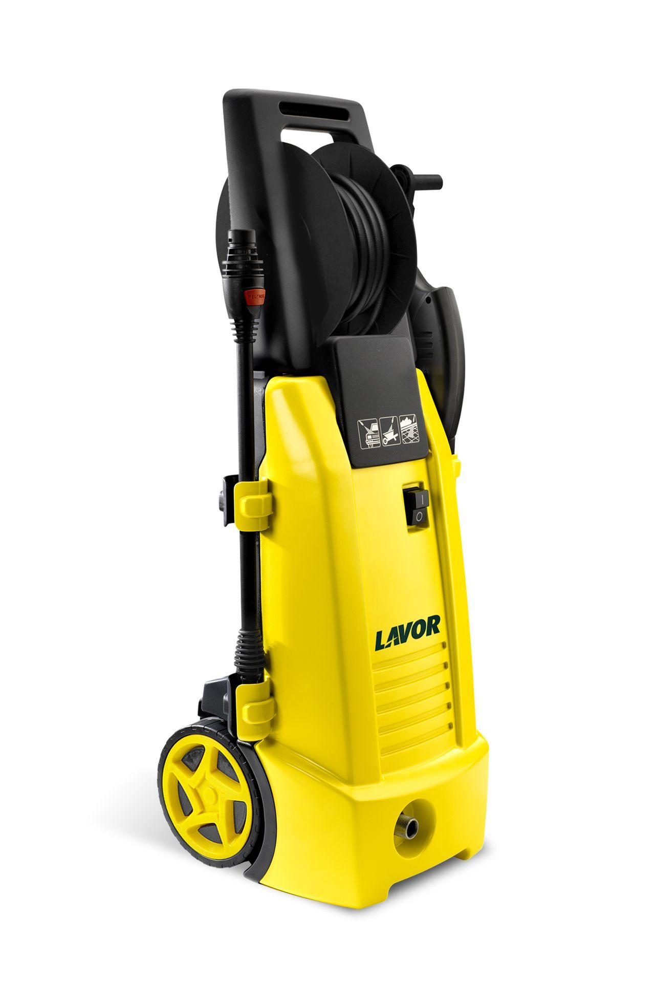 A yellow and black high pressure washer with wheels on a white background.