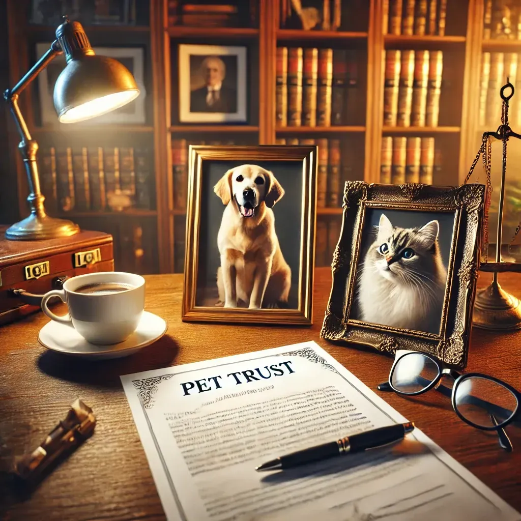 A desk with a picture of a dog and a picture of a cat on it