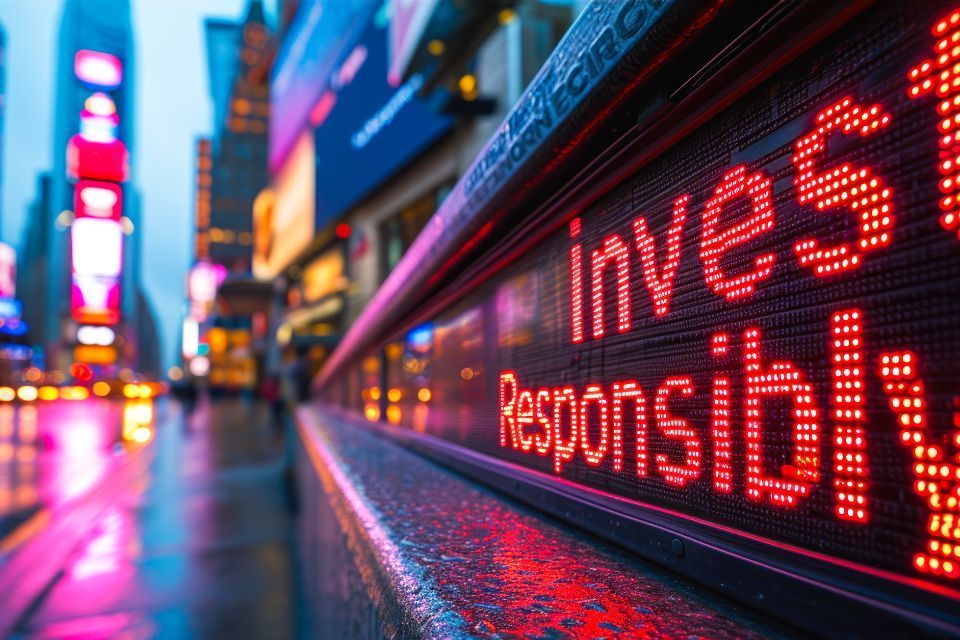 A sign on the side of a building that says `` invest responsibly ''.