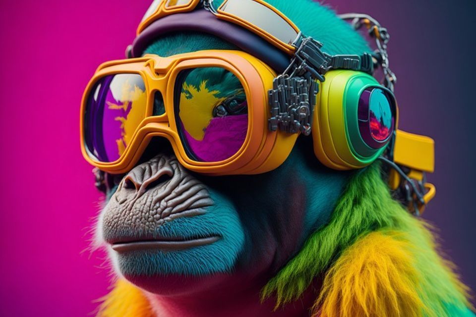 A colorful gorilla wearing goggles and headphones.