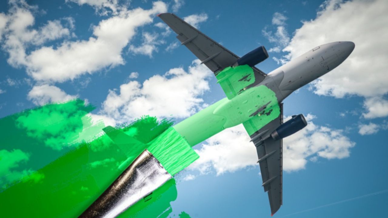 A plane is flying through a blue sky with green smoke coming out of it.