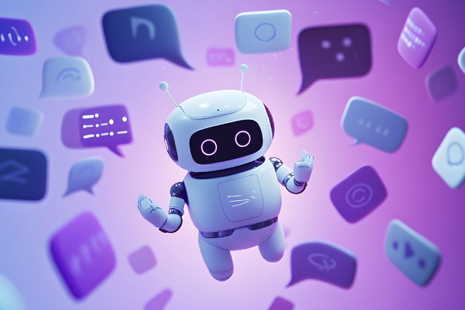 A robot is surrounded by speech bubbles on a purple background.