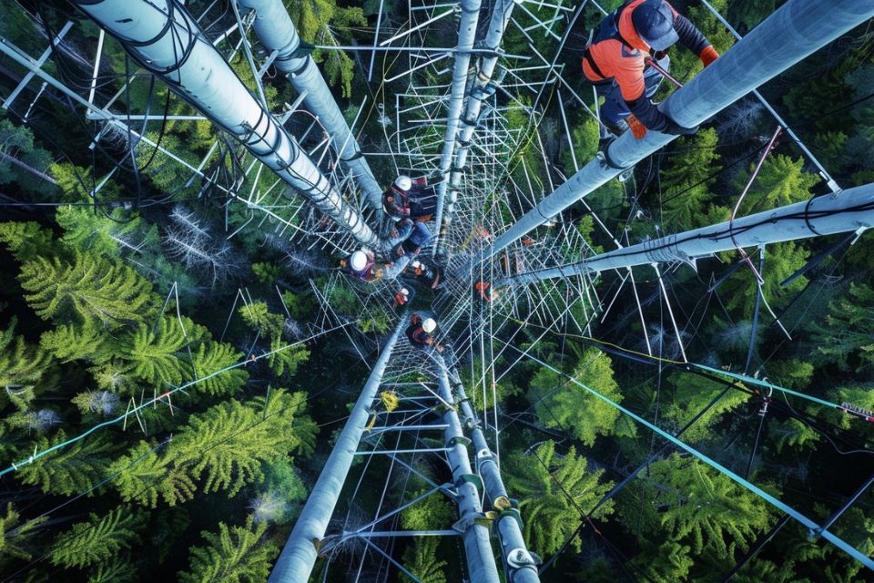 Looking up at a tower in the middle of a forest.