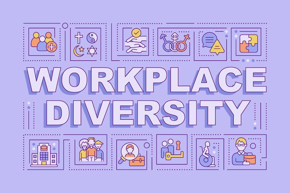 The word workplace diversity is on a purple background with icons.